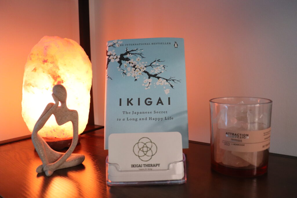 Ikigai book with decor on bookcase